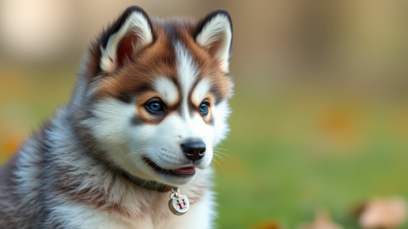 Cute puppy enjoys a sunny day outdoors surrounded by colorful leaves near a park
